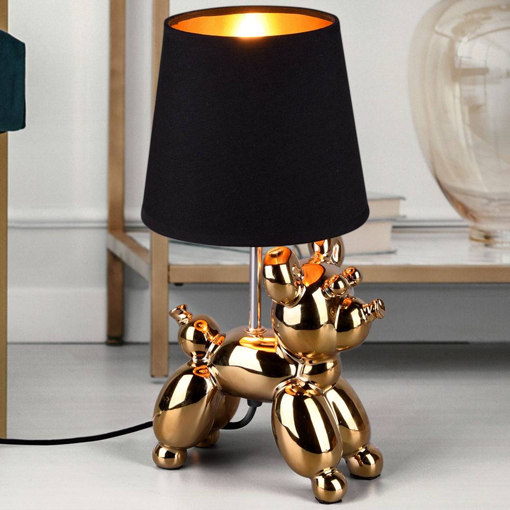 Tischleuchte Keramik Gold Tischlampe Nachttischlampe im Hunde Design für Ihren Wohnraum, Metall, 1 Flammig 1x E14, BxH 17x33 cm