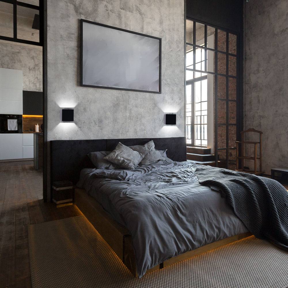 Wandleuchte Innen Treppenhaus Lampe Wandlampe Flur, Up and Down Lichteffekt, Würfel Design, Aluminium Schwarz, 1x G9, L 10 cm