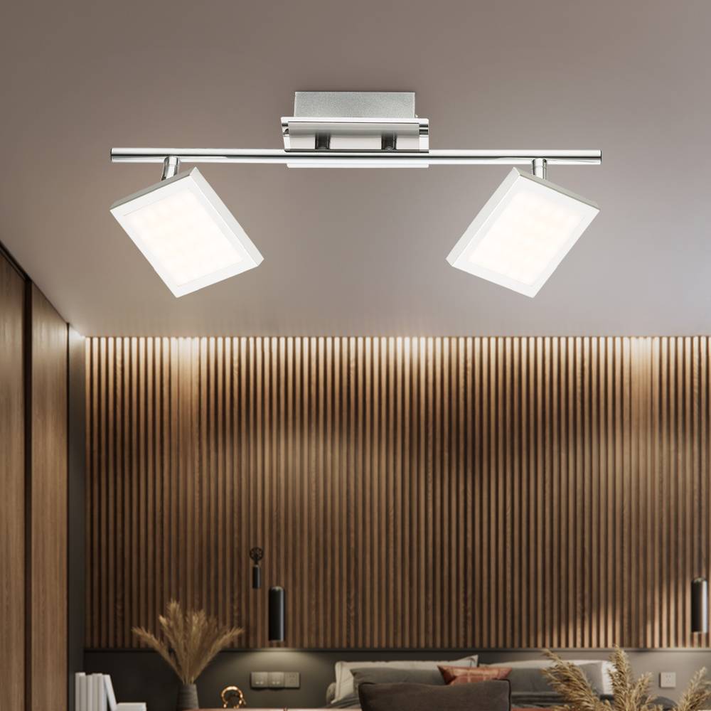 Deckenlampe LED Deckenleuchte mit satinierten beweglichen Spots Lampe Chrom, 2 Flammig Spots beweglich, 2x LED 6Watt 318 lm, LxBxH 40x9,5x13cm
