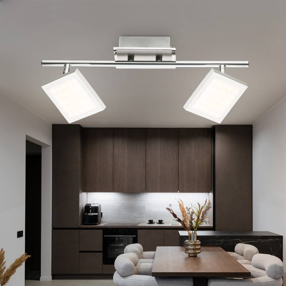 Deckenlampe LED Deckenleuchte mit satinierten beweglichen Spots Lampe Chrom, 2 Flammig Spots beweglich, 2x LED 6Watt 318 lm, LxBxH 40x9,5x13cm