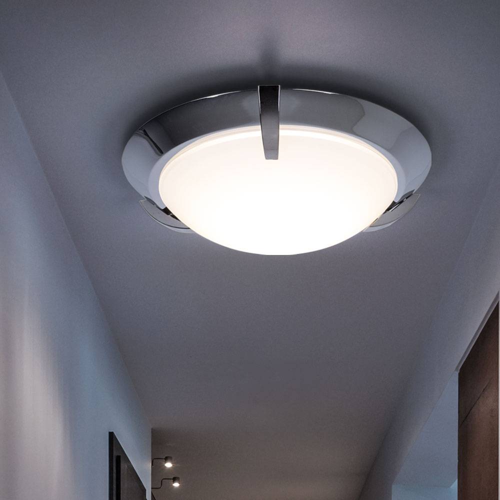 LED Deckenleuchte Glas satiniert Deckenlampe Badezimmer Wohnzimmerleuchte chrom rund, Metall, 12W 1200lm warmweiß, DxH 27x8,3 cm, 2er Set