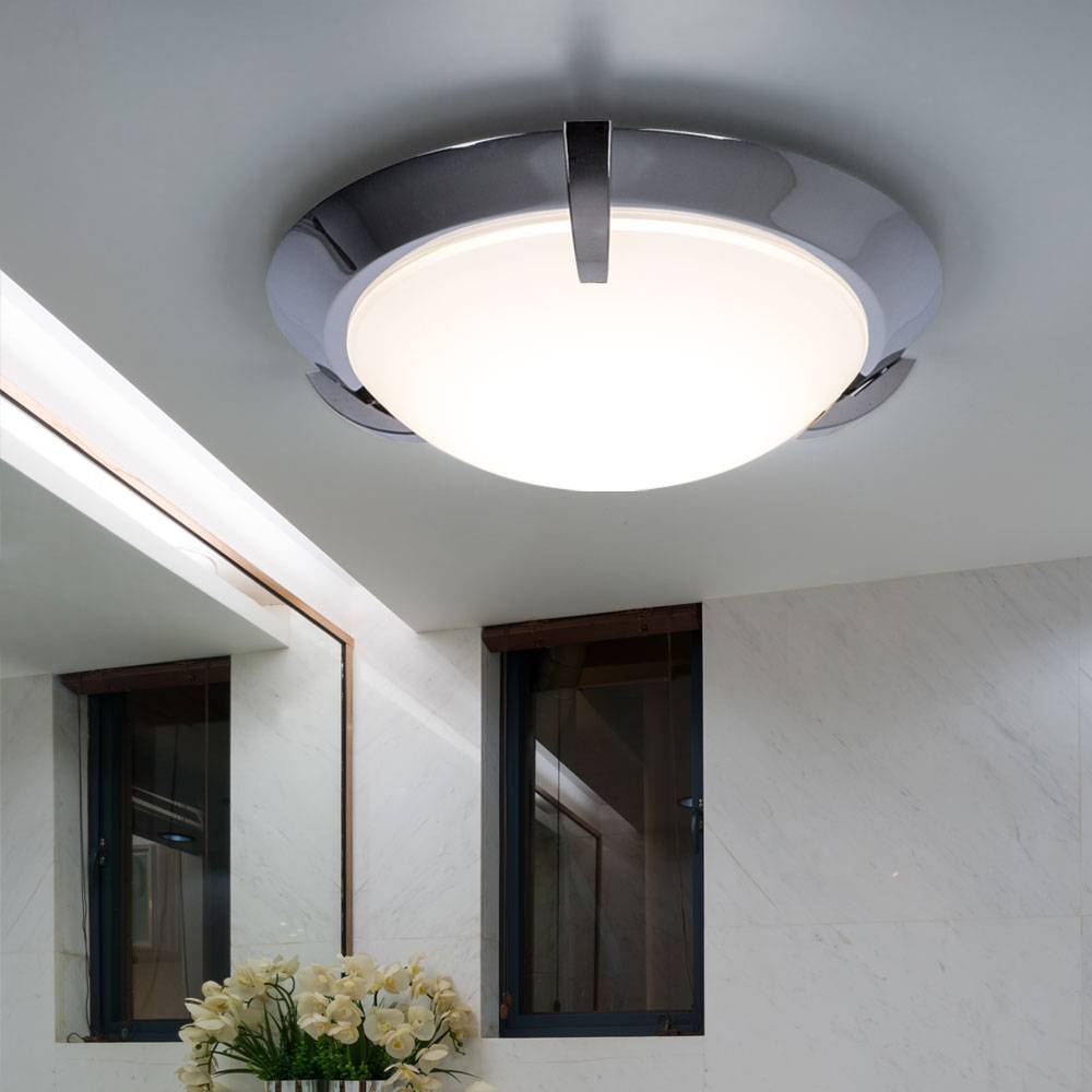 LED Deckenleuchte Glas satiniert Deckenlampe Badezimmer Wohnzimmerleuchte chrom rund, Metall, 12W 1200lm warmweiß, DxH 27x8,3 cm