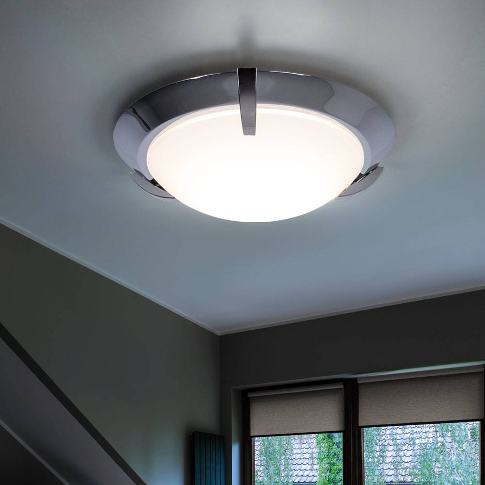 LED Deckenleuchte Glas satiniert Deckenlampe Badezimmer Wohnzimmerleuchte chrom rund, Metall, 12W 1200lm warmweiß, DxH 27x8,3 cm