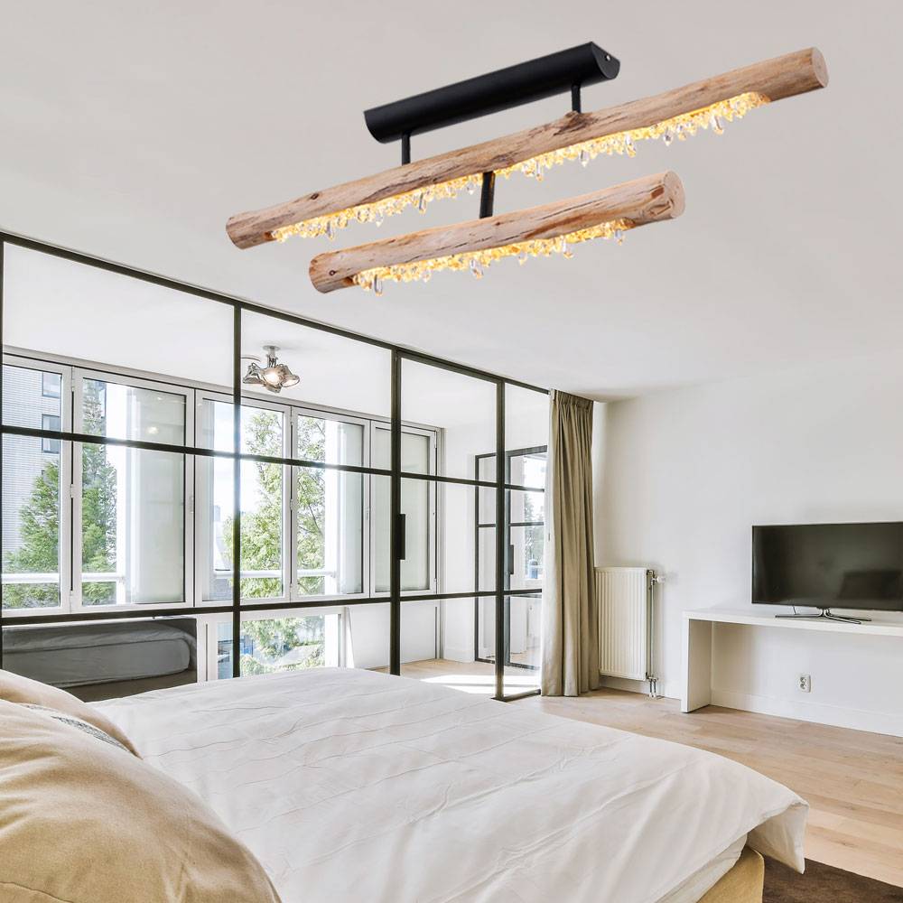Deckenleuchte Holz Rustikal Wohnzimmerlampe Holz Deckenlampe schwarz, mit Kristall Dekor, 1x LED 30W 1350Lm warmweiß, L 100 cm