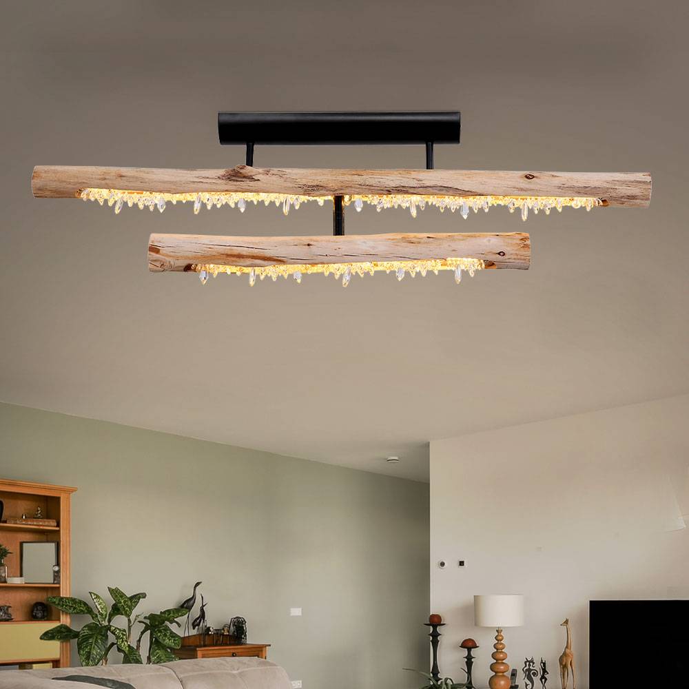 Deckenleuchte Holz Rustikal Wohnzimmerlampe Holz Deckenlampe schwarz, mit Kristall Dekor, 1x LED 30W 1350Lm warmweiß, L 100 cm