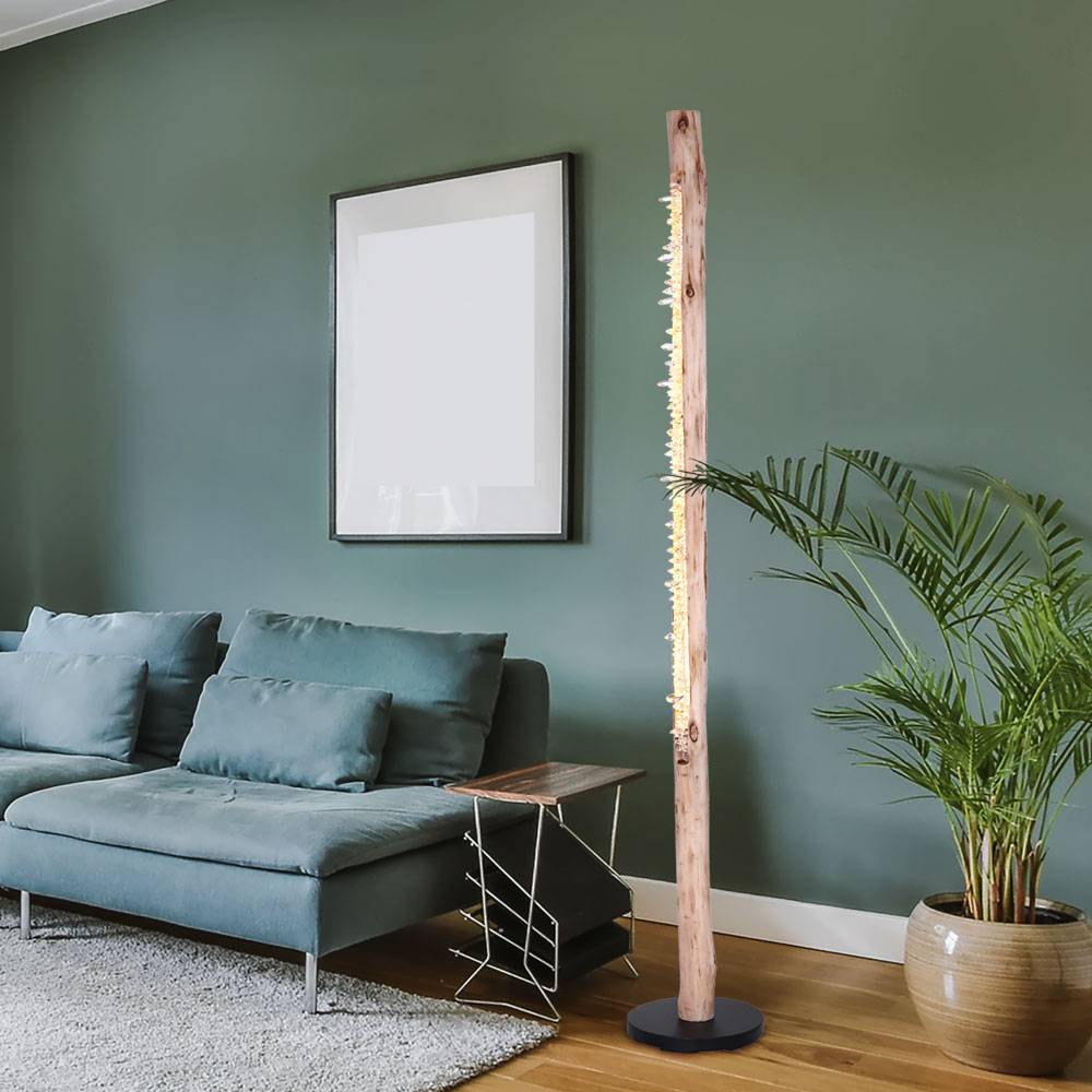 Stehlampe aus Naturholz Boho Chic Standleuchte mit Kristalldekor Stehleuchte Landhaus Stil, 1x LED 15 Watt 1350 Lumen warmweiß, Höhe x Durchmesser