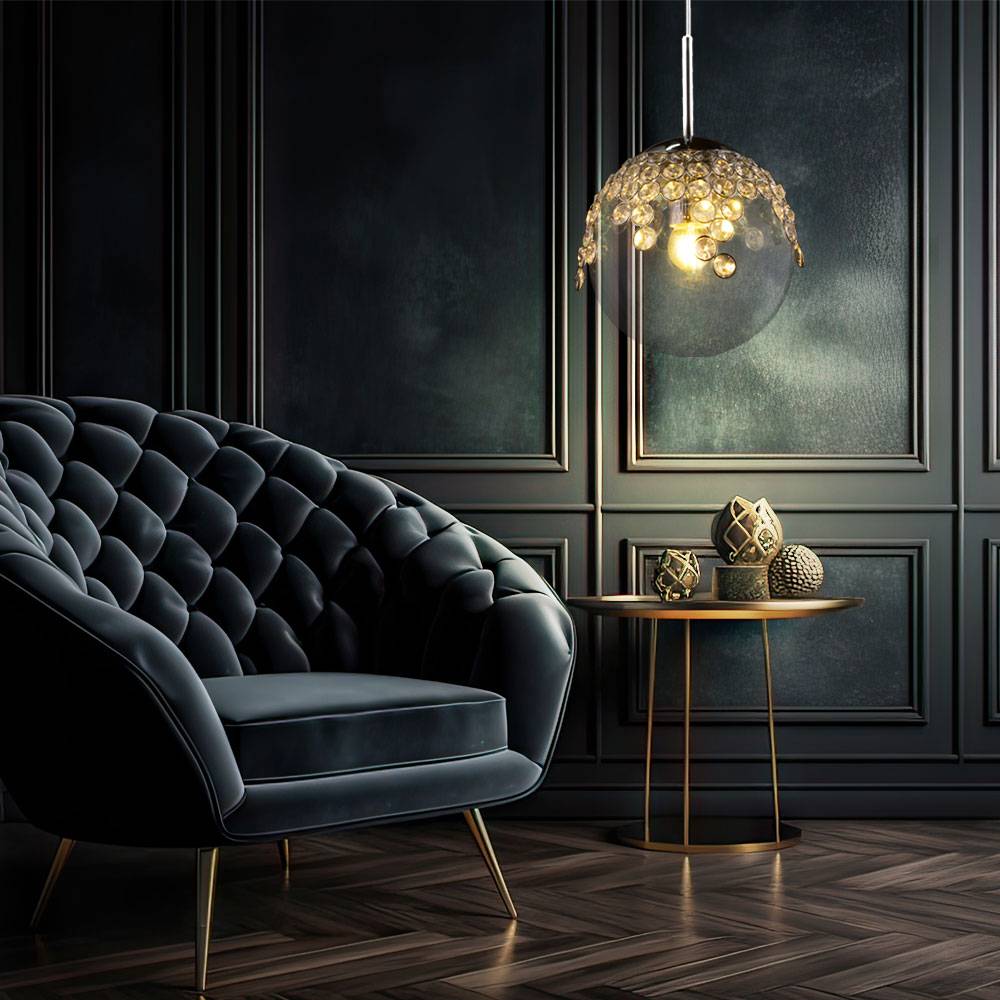 Pendelleuchte Hängelampe Kugelleuchte Innen Beleuchtung Gas klar, Metall, chrom, K Kristalle, 1x E27 Fassung, DxH 20x150 cm