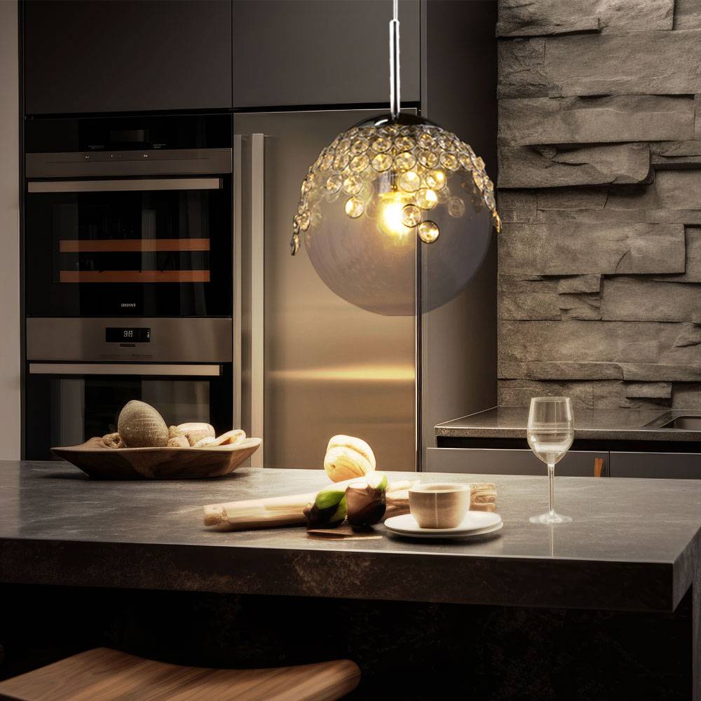 Pendelleuchte Hängelampe Kugelleuchte Innen Beleuchtung Gas klar, Metall, chrom, K Kristalle, 1x E27 Fassung, DxH 20x150 cm