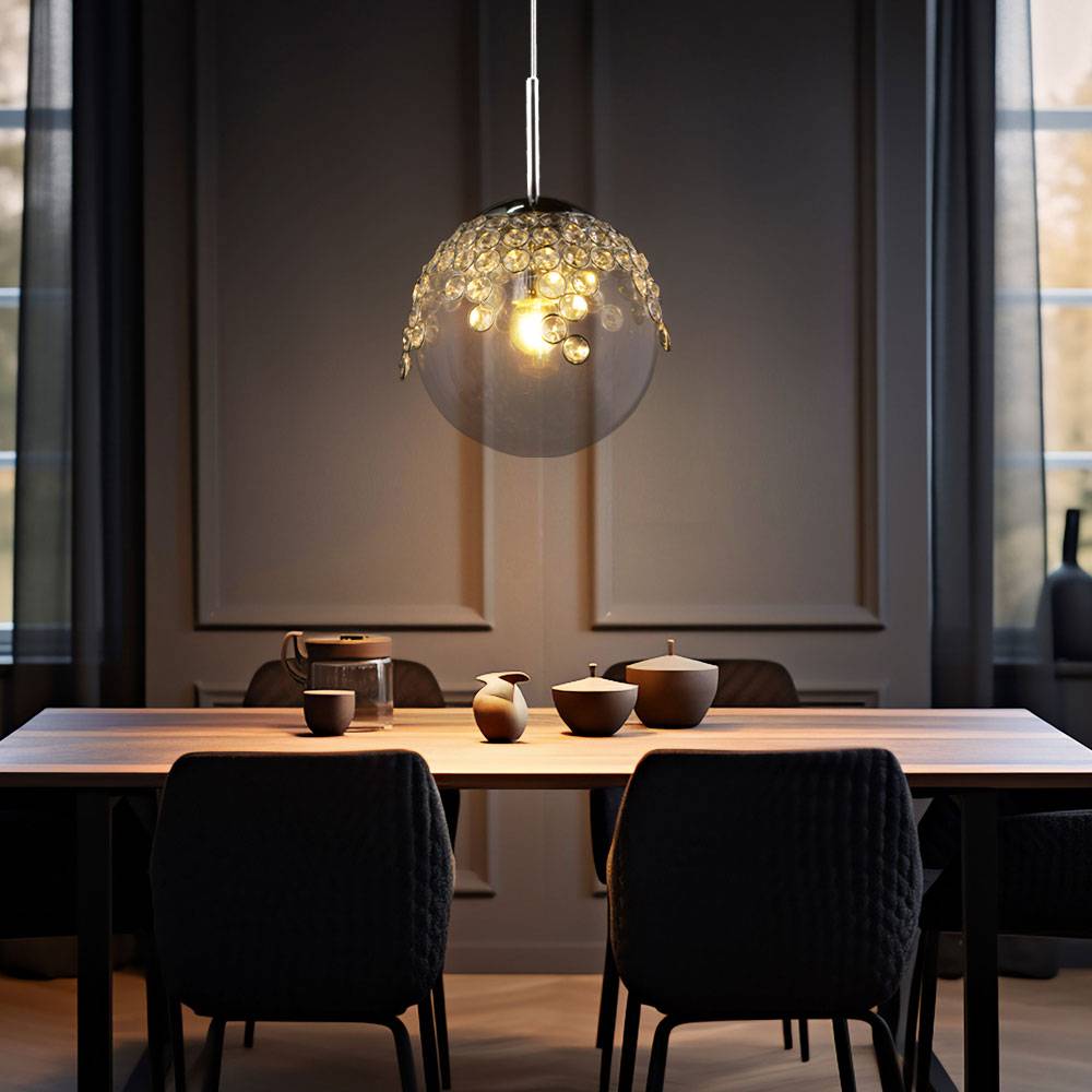 Pendelleuchte Hängelampe Kugelleuchte Innen Beleuchtung Gas klar, Metall, chrom, K Kristalle, 1x E27 Fassung, DxH 20x150 cm