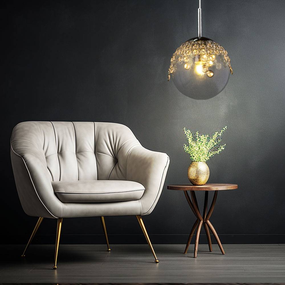 Pendelleuchte Hängelampe Kugelleuchte Innen Beleuchtung Gas klar, Metall, chrom, K Kristalle, 1x E27 Fassung, DxH 20x150 cm