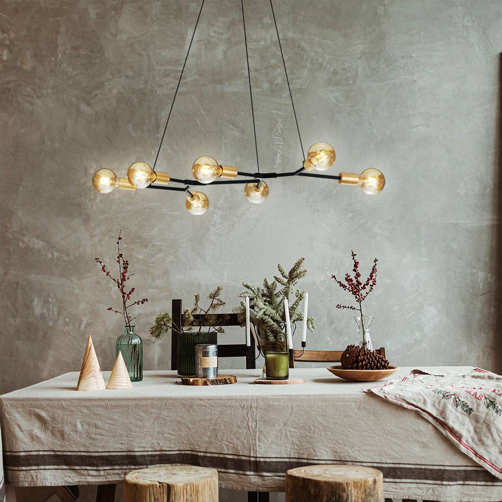 Retro Decken Hängeleuchte 7 flammig schwarz messing Pendelleuchte, 7x E27, IP20, LxBxH 91x45x150cm, Wohnzimmer Esszimmer Schlafzimmer