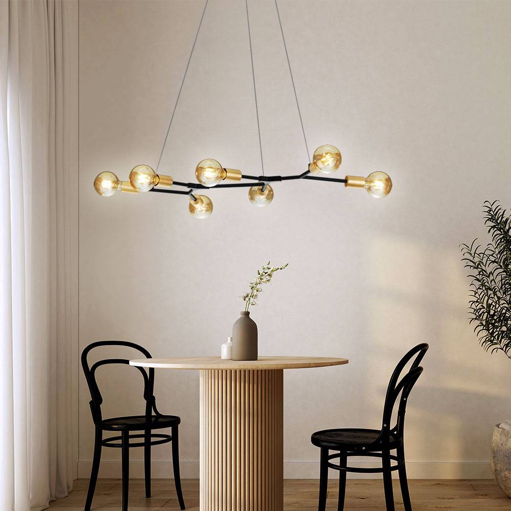 Retro Decken Hängeleuchte 7 flammig schwarz messing Pendelleuchte, 7x E27, IP20, LxBxH 91x45x150cm, Wohnzimmer Esszimmer Schlafzimmer