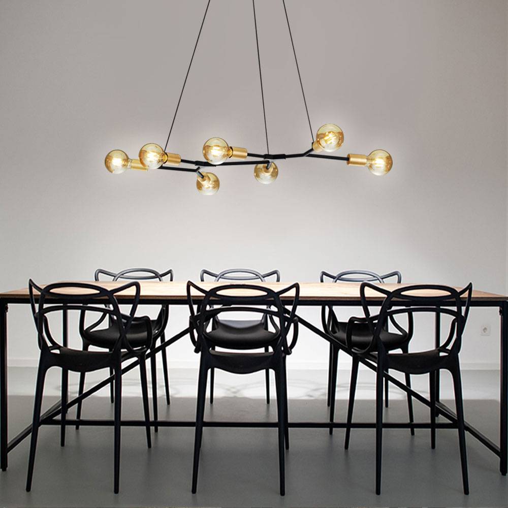 Retro Decken Hängeleuchte 7 flammig schwarz messing Pendelleuchte, 7x E27, IP20, LxBxH 91x45x150cm, Wohnzimmer Esszimmer Schlafzimmer