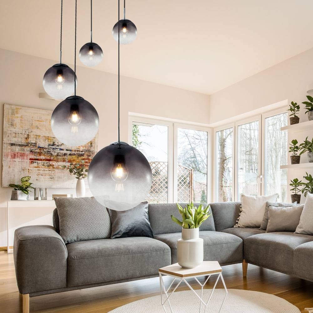 Decken Pendelleuchte Rauchglas 5 flammig Kugel Hängelampe, verschiedene Größen, 5x E27, Höhe 150 cm, Wohnzimmer Esszimmer