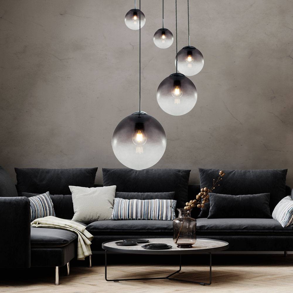 Decken Pendelleuchte Rauchglas 5 flammig Kugel Hängelampe, verschiedene Größen, 5x E27, Höhe 150 cm, Wohnzimmer Esszimmer