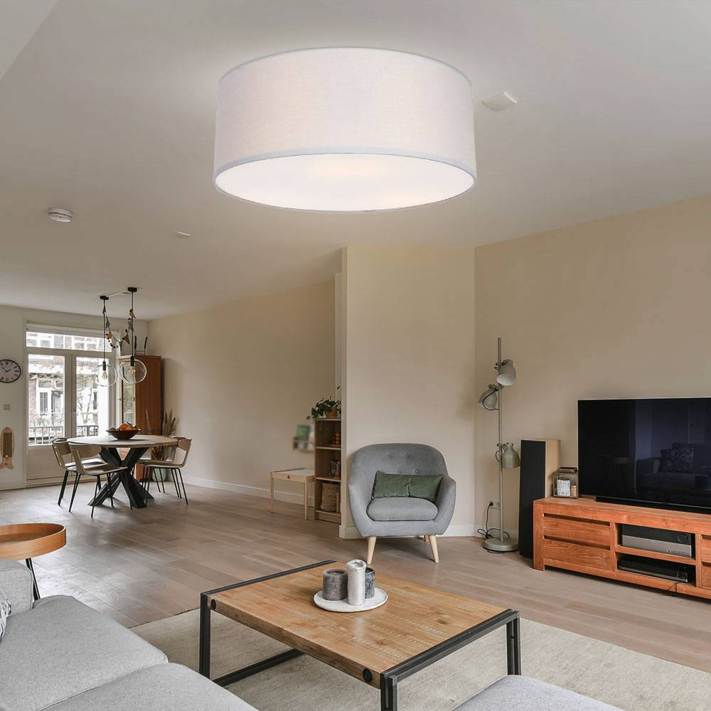 Deckenleuchte Esszimmer rund Deckenlampe Textil grau Wohnzimmerlampe 3-Flammig Modern, Blende weiß , 3x E27, DxH 40 x 16,5 cm