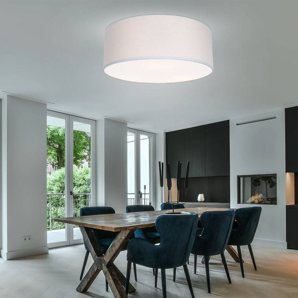 Deckenleuchte Esszimmer rund Deckenlampe Textil grau Wohnzimmerlampe 3-Flammig Modern, Blende weiß , 3x E27, DxH 40 x 16,5 cm