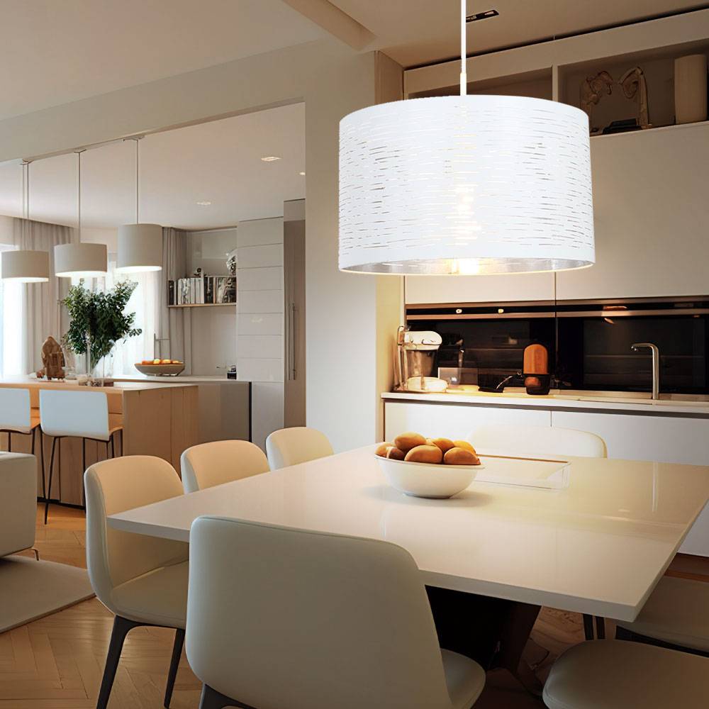 Hängeleuchte Pendellampe Schirmleuchte Wohnzimmerbeleuchtung in weiß, Metall chrom, rund, 1x E27, DxH 38x120 cm, Esszimmer