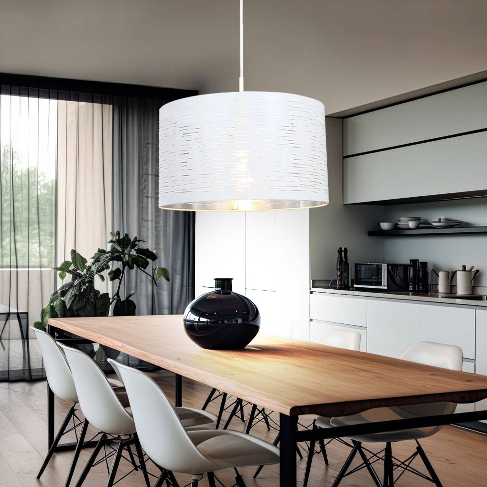 Hängeleuchte Pendellampe Schirmleuchte Wohnzimmerbeleuchtung in weiß, Metall chrom, rund, 1x E27, DxH 38x120 cm, Esszimmer