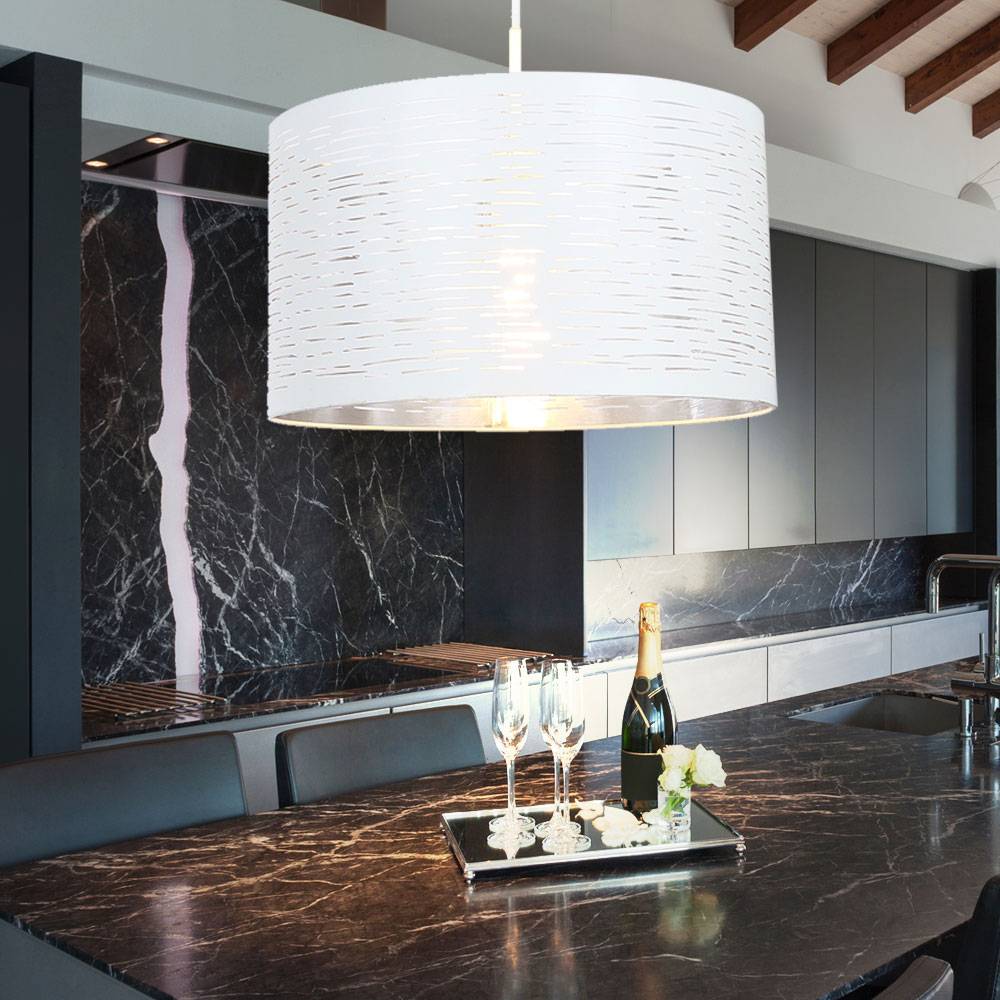 Hängeleuchte Pendellampe Schirmleuchte Wohnzimmerbeleuchtung in weiß, Metall chrom, rund, 1x E27, DxH 38x120 cm, Esszimmer