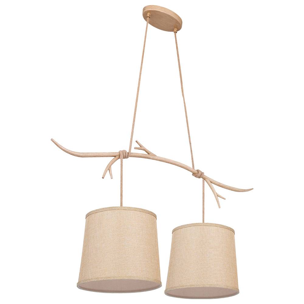 Decken Pendelleuchte Metall Textilschirm braun Hängelampe Geweih Dekor Pendellampe, IP20, 2x E27, LxBxH 90x25x120cm