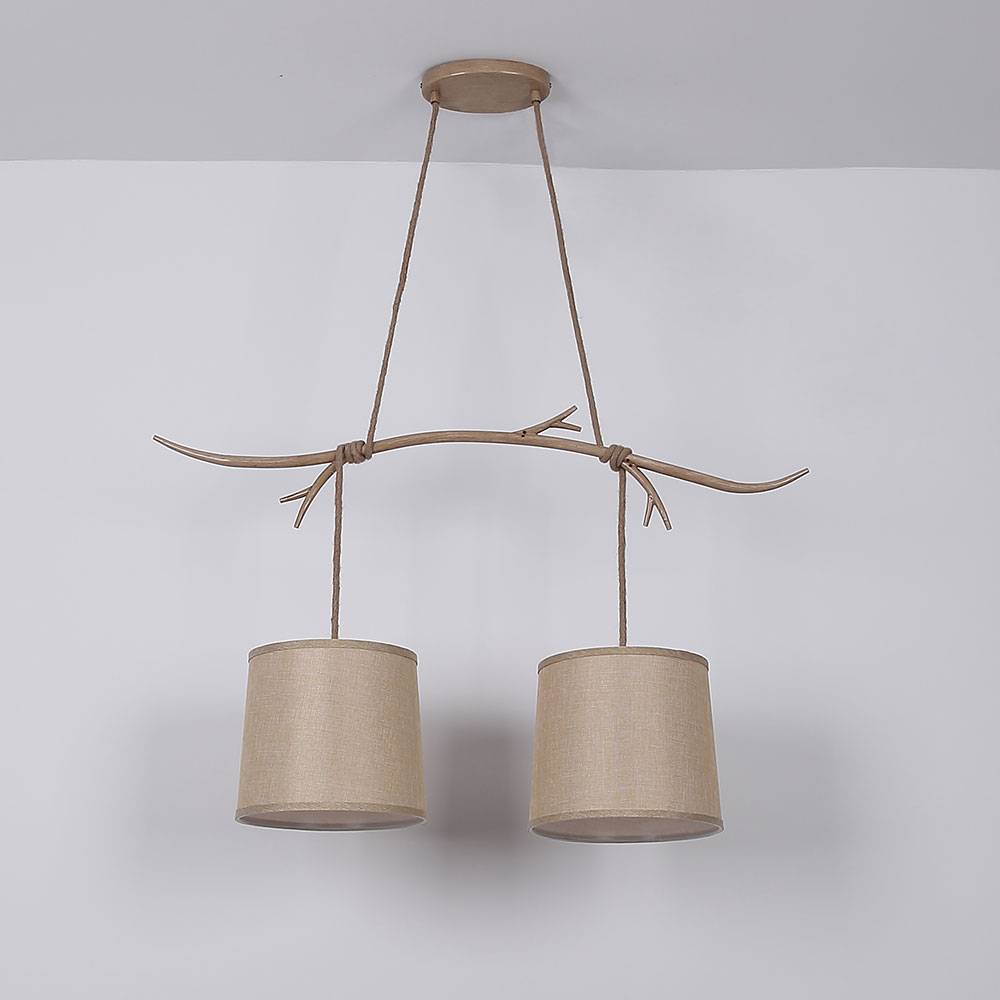 Decken Pendelleuchte Metall Textilschirm braun Hängelampe Geweih Dekor Pendellampe, IP20, 2x E27, LxBxH 90x25x120cm
