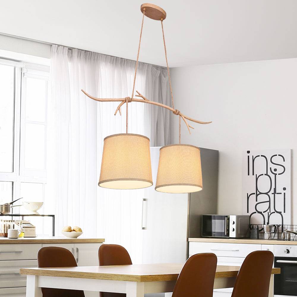 Decken Pendelleuchte Metall Textilschirm braun Hängelampe Geweih Dekor Pendellampe, IP20, 2x E27, LxBxH 90x25x120cm