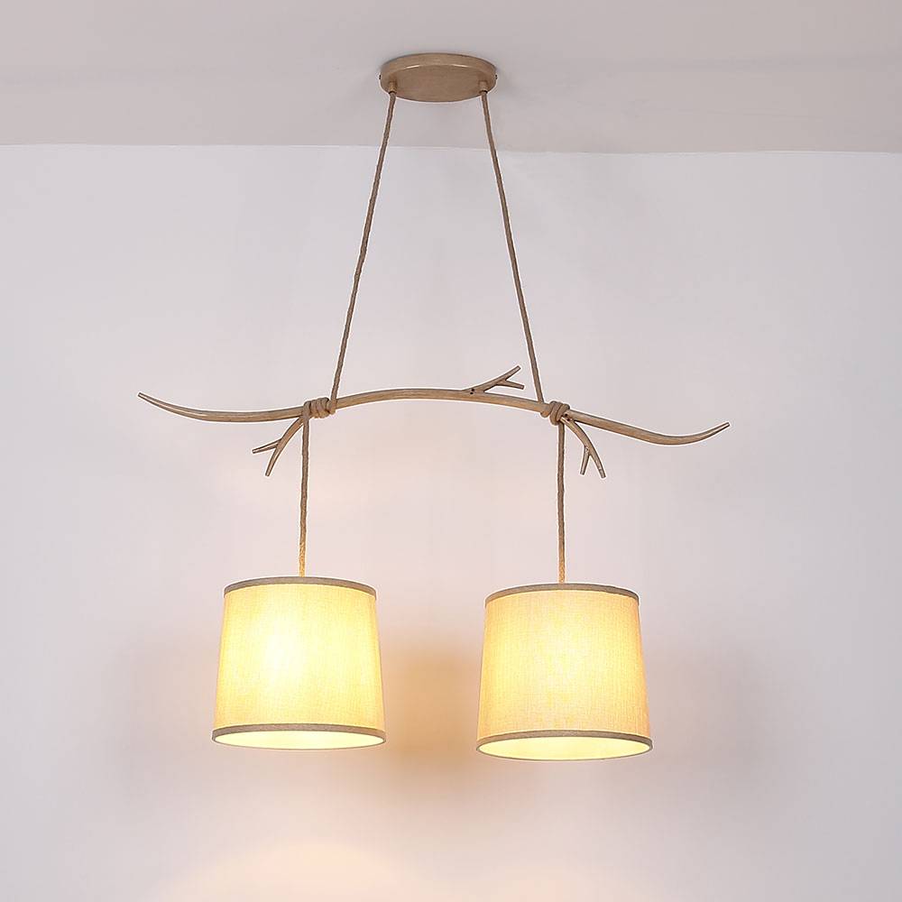 Decken Pendelleuchte Metall Textilschirm braun Hängelampe Geweih Dekor Pendellampe, IP20, 2x E27, LxBxH 90x25x120cm