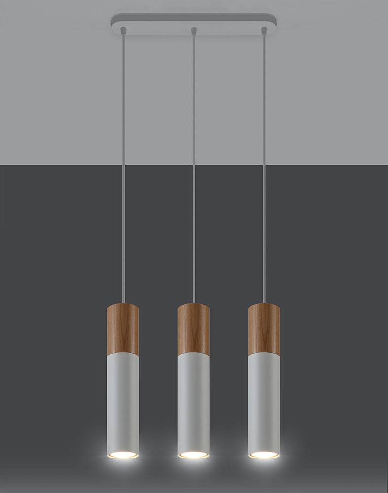 Pendelleuchte weiß Stahl Hängeleuchte Holz natur Zylinder Hängelampe 3-flammig Modern, 3x GU10, LxH 40x100 cm