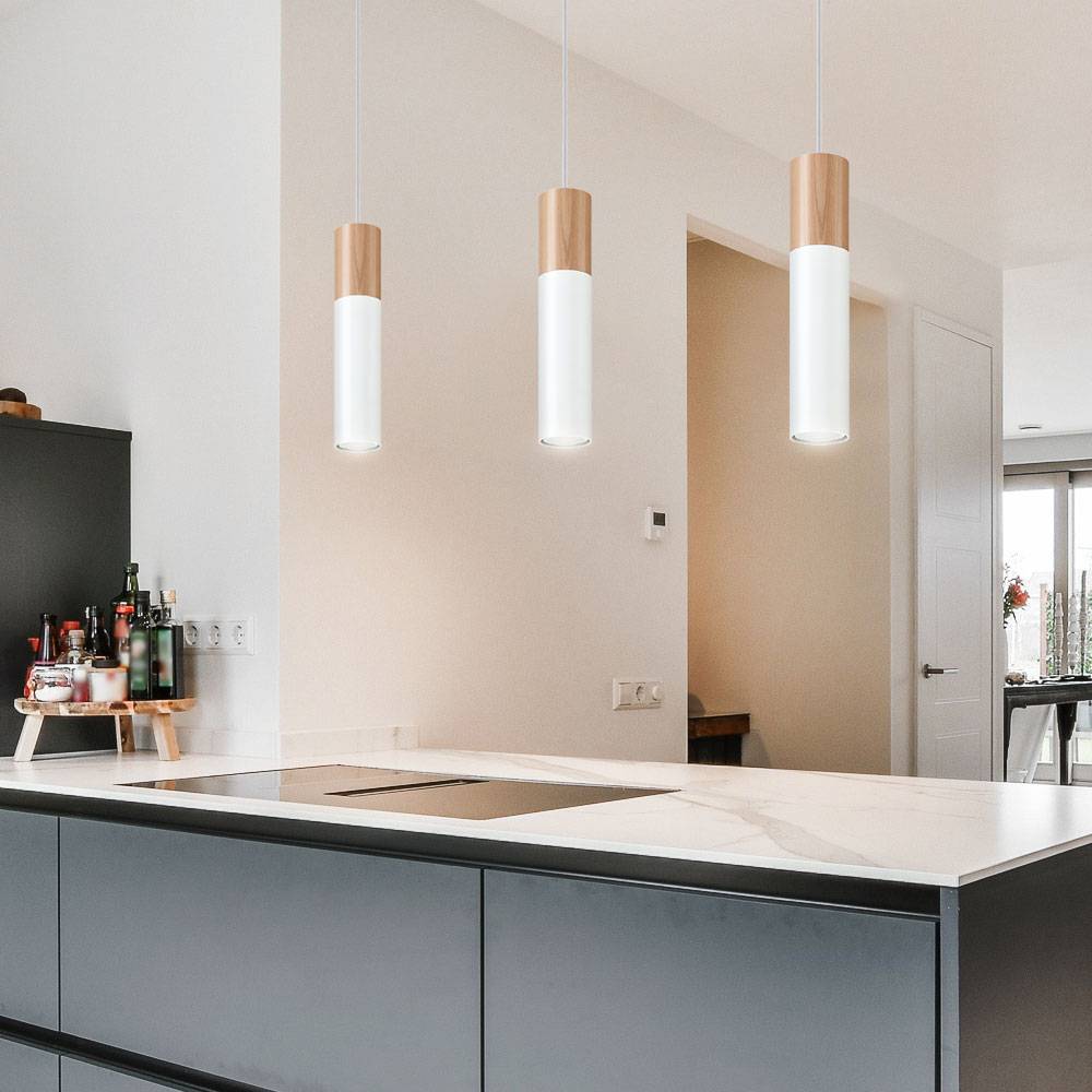 Pendelleuchte weiß Stahl Hängeleuchte Holz natur Zylinder Hängelampe 3-flammig Modern, 3x GU10, LxH 40x100 cm