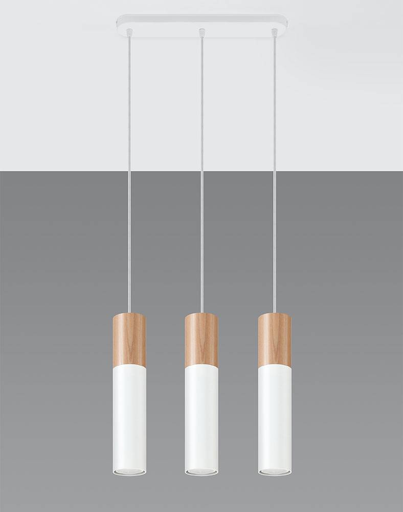 Pendelleuchte weiß Stahl Hängeleuchte Holz natur Zylinder Hängelampe 3-flammig Modern, 3x GU10, LxH 40x100 cm