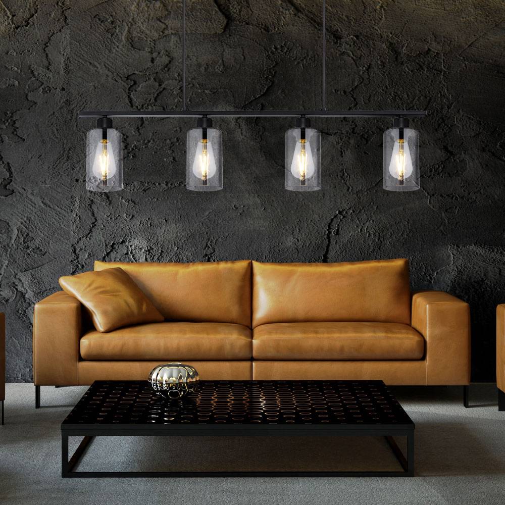 Hängeleuchte Pendellampe Metallhängeleuchte Metall Balken 3 Balken schwarz matt, Glaslampenschirm rauch Design, 4x E27, LxBxH 98 x 14 x 120 cm