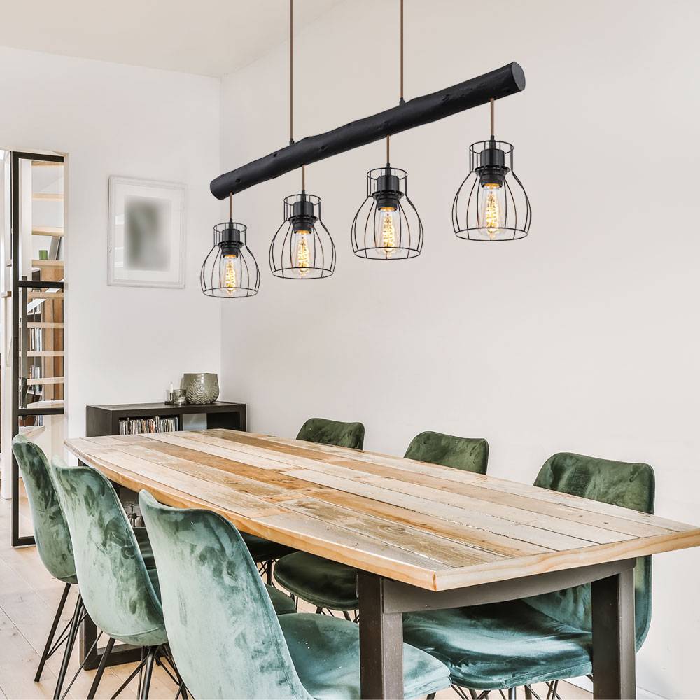 Pendelleuchte Holz Balken Hängelampe Retro Holz Wohnzimmerlampe mit vier Metallgitterschirme, schwarz matt, 4x E27, LxBxH 82,5x13,6x140 cm