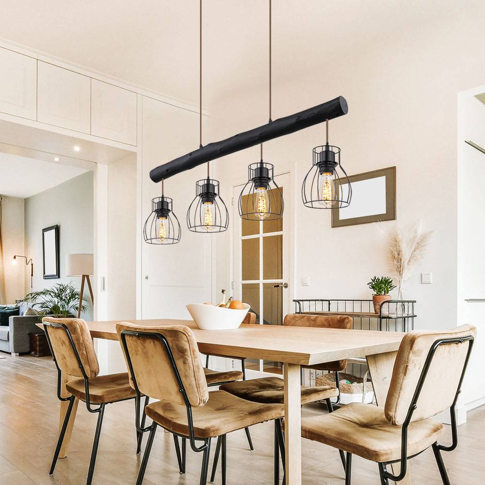 Pendelleuchte Holz Balken Hängelampe Retro Holz Wohnzimmerlampe mit vier Metallgitterschirme, schwarz matt, 4x E27, LxBxH 82,5x13,6x140 cm