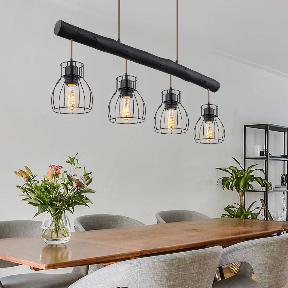Pendelleuchte Holz Balken Hängelampe Retro Holz Wohnzimmerlampe mit vier Metallgitterschirme, schwarz matt, 4x E27, LxBxH 82,5x13,6x140 cm