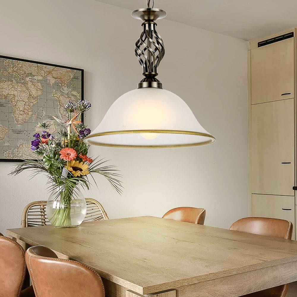 Hängeleuchte Pendellampe Glasleuchte Küchen Deckenleuchte Beleuchtung Glas satiniert, Lampenrand Altmessing, 1 x E27 Fassung, DxH 30x120 cm