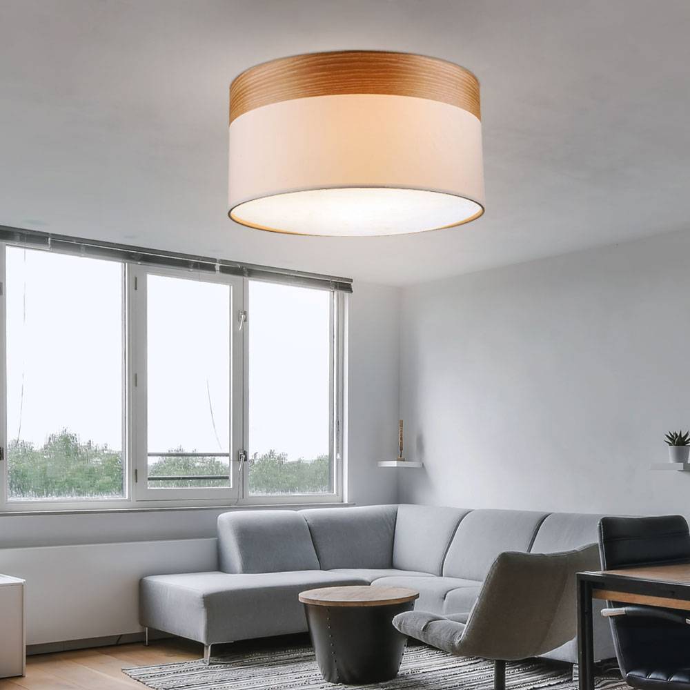 Deckenleuchte Deckenlampe Wohnzimmer Leuchte rund blau Holz Textil beige, Metall Stoff, 3x E27 Fassungen, DxH 40x25 cm