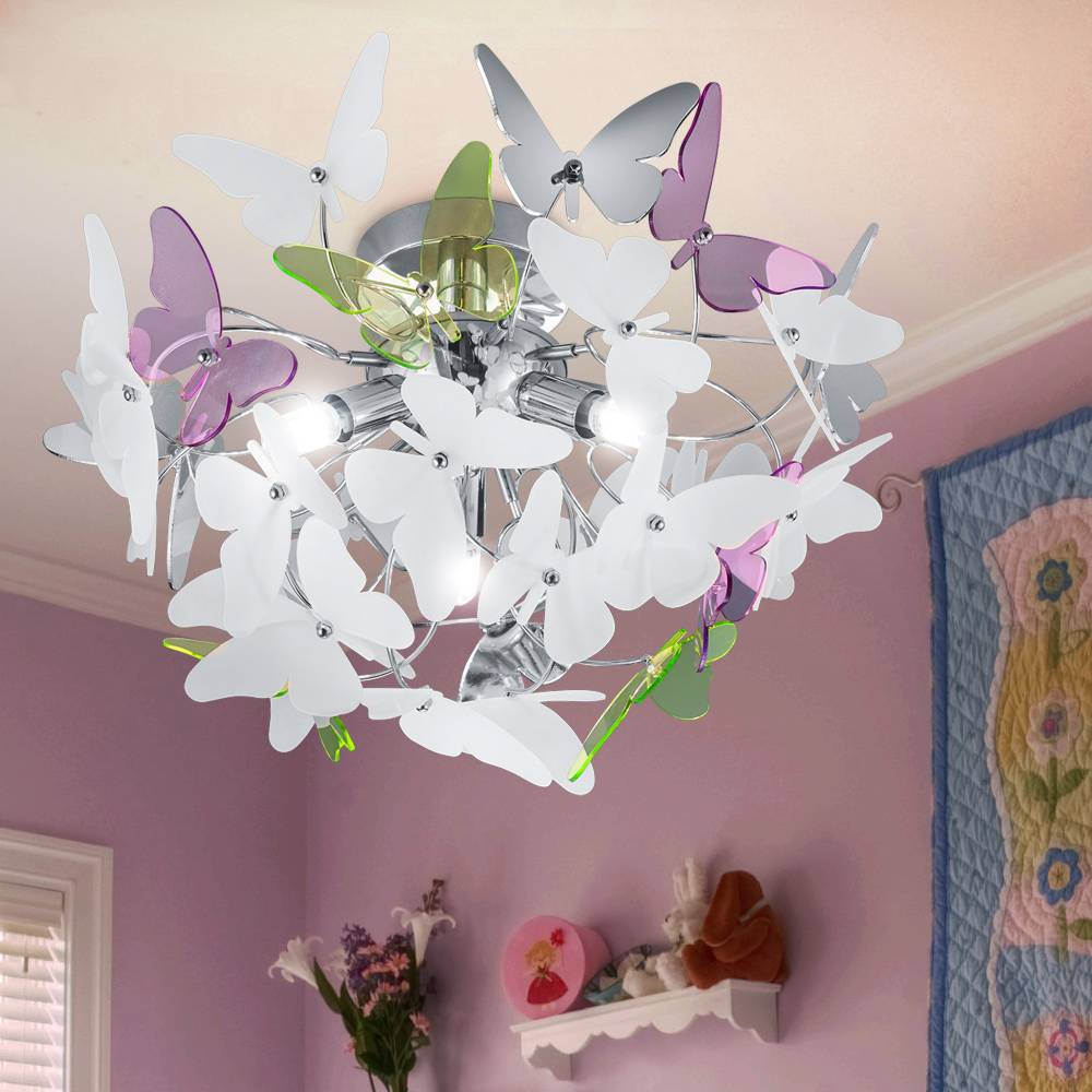 Deckenleuchte für Kinder Deckenlampe im Schmetterling Design, Metall Chrom Acryl, bunt, IP20, DM x Höhe 45x28cm, Kinderzimmer Spielzimmer