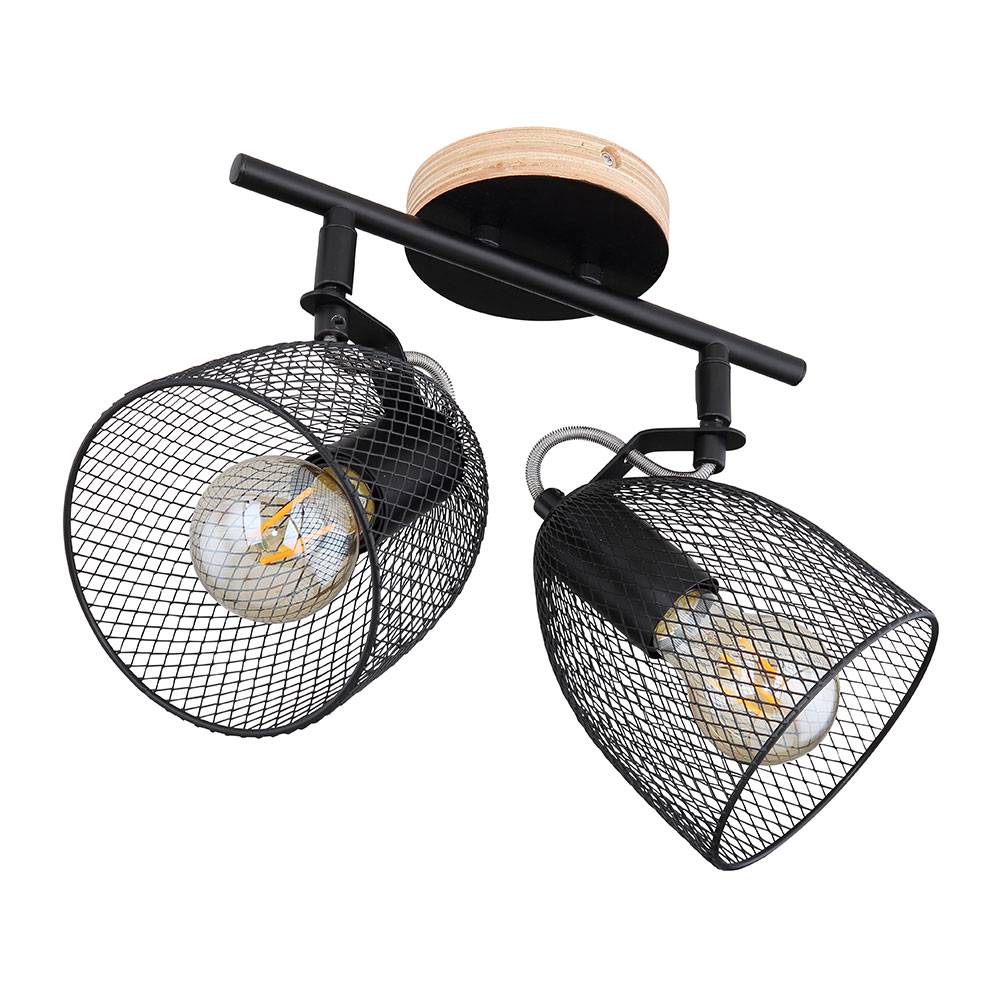 Deckenleuchte Deckenstrahler Spotleuchte Esszimmer Metallgeflecht Deckenlampen aus Holz, verstellbar, schwarz, 2x E27 Fassung, LxBxT 26x13x27 cm