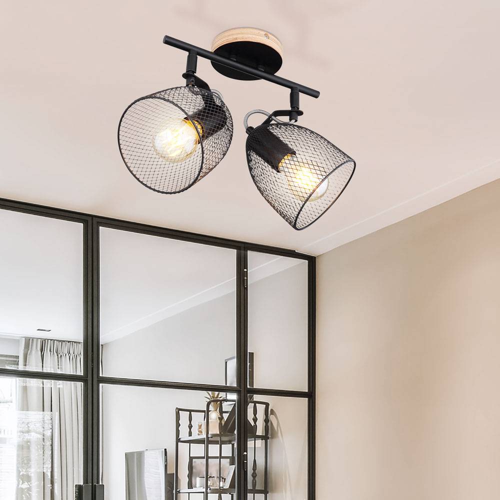 Deckenleuchte Deckenstrahler Spotleuchte Esszimmer Metallgeflecht Deckenlampen aus Holz, verstellbar, schwarz, 2x E27 Fassung, LxBxT 26x13x27 cm