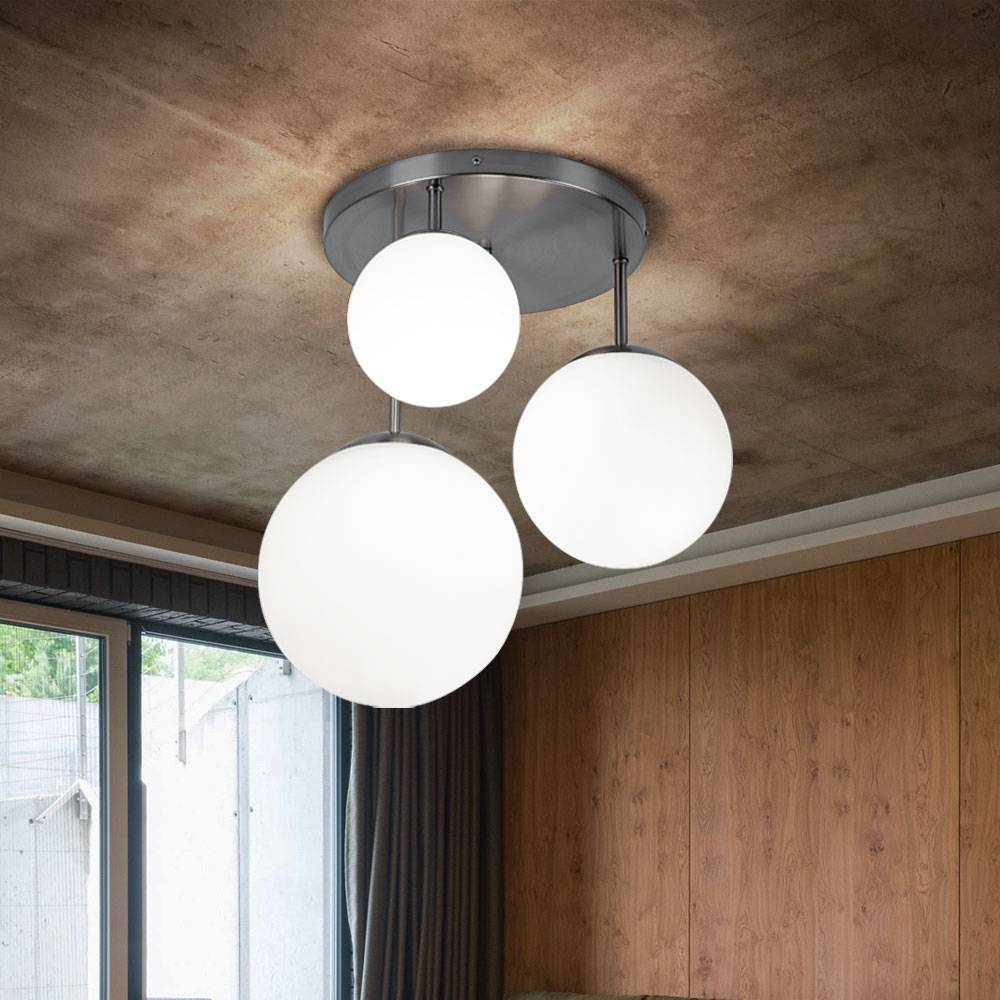 Deckenlampe Wohnzimmerleuchte Kugel Deckenleuchte Glas satiniert, unterschiedliche große Lampenschirme, 3x E27, DxH 46,5x44 cm