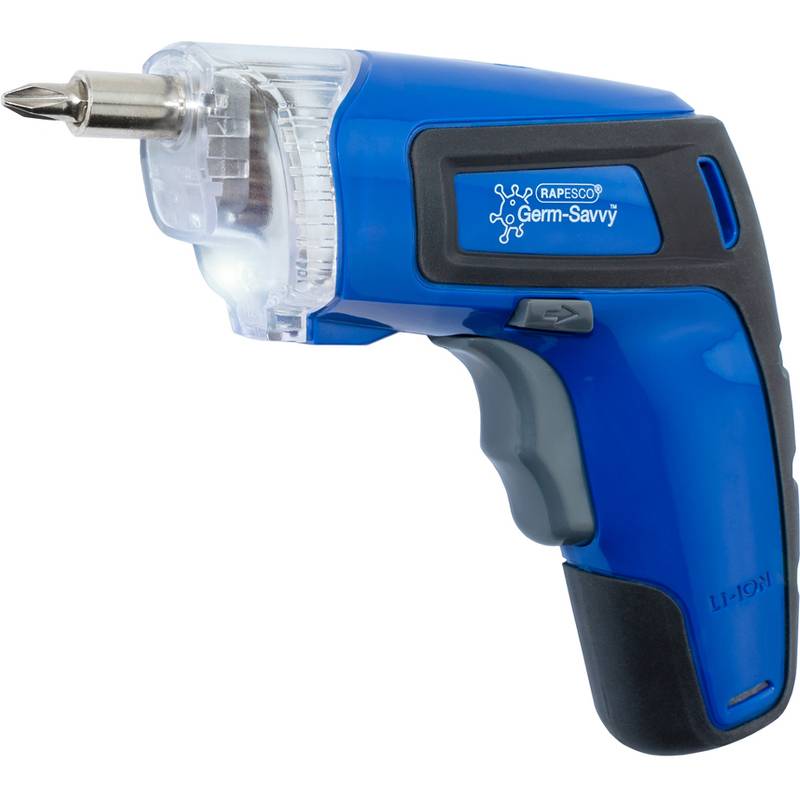 Ein blauer kabelloser elektrischer Schraubendreher mit ergonomischem Griff und LED-Licht, beschriftet mit 'Rapesco Germ-Savvy'.