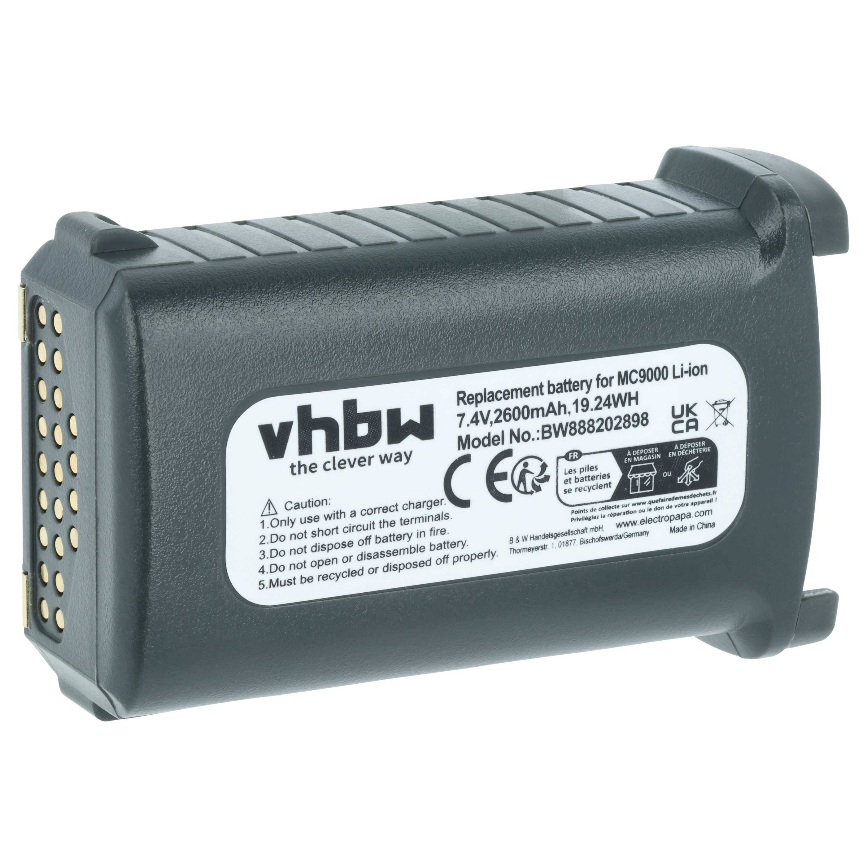 Rechteckiger schwarzer Akku mit der Bezeichnung 'vhbw', kompatibel mit MC9000-Geräten. Enthält Spannungs- und Kapazitätsangaben sowie Sicherheitswarnhinweise.