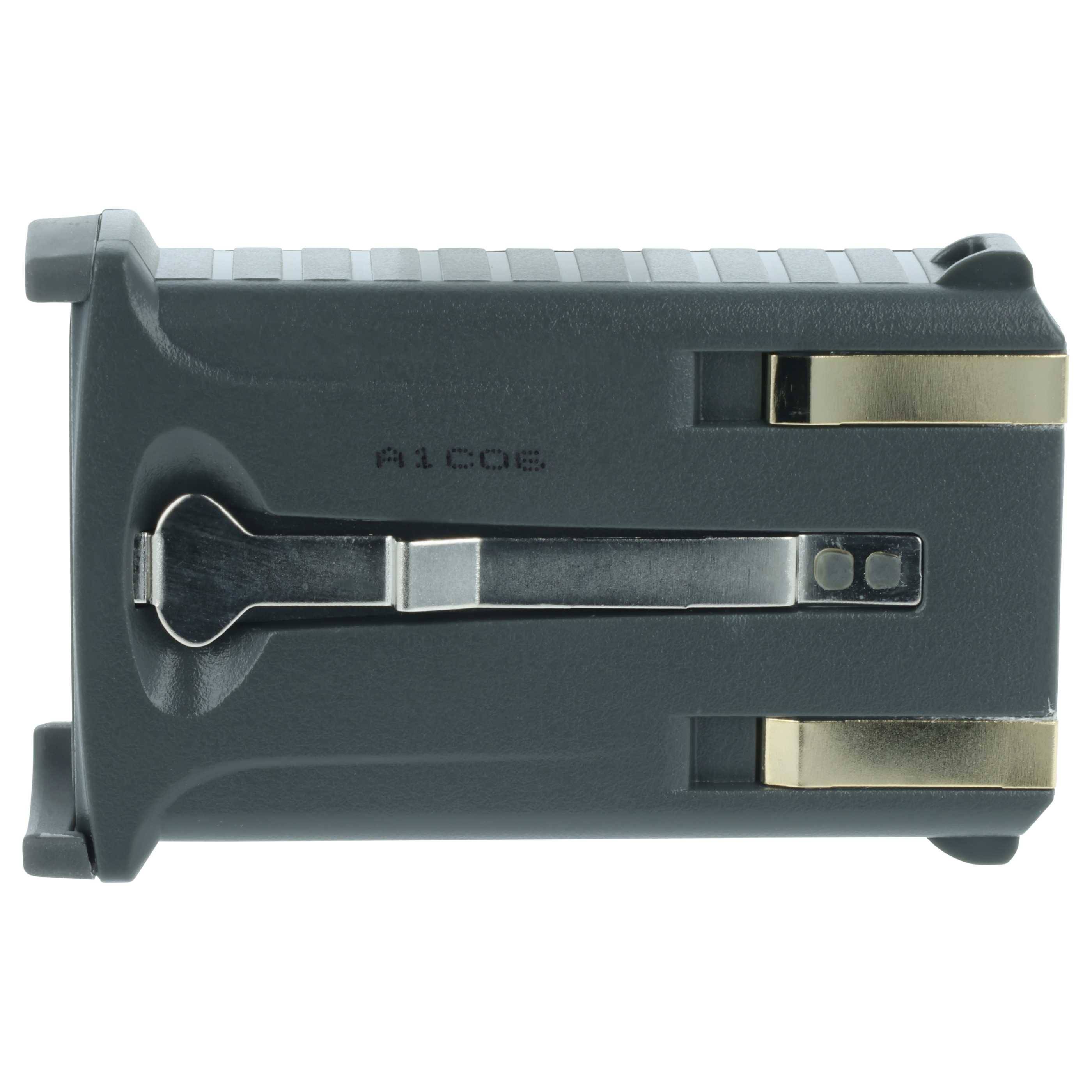 Ein grauer kompakter Apparat mit einer Metallklammer und zwei goldfarben Akzenten an den Seiten.