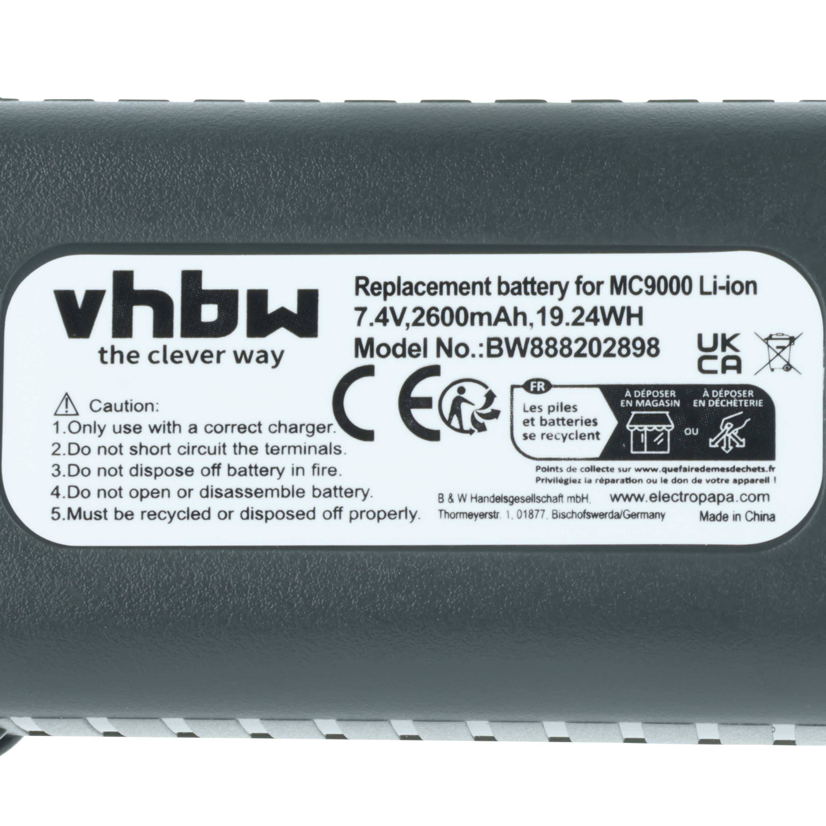 Ersatzbatterie für MC9000 Li-Ion, 7,4V, 2600mAh, 19,24Wh. Modell: BW888202898. Enthält Sicherheitshinweise und Zertifizierungen.