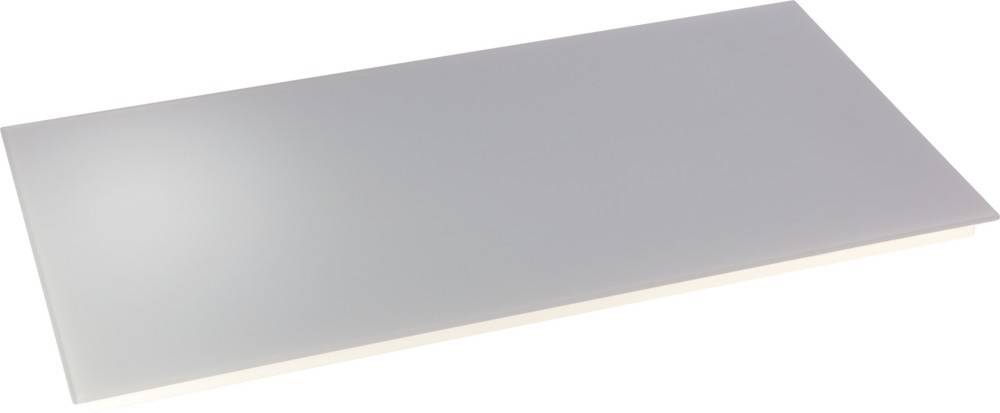 Eine rechteckige, glatte, hellgraue Oberfläche mit einem leicht reflektierenden Finish, die scheinbar vor einem weißen Hintergrund zu schweben scheint.