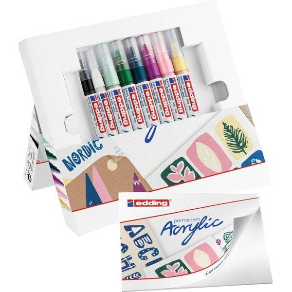 Schachtel mit edding-Permanentmarkern aus Acryl in verschiedenen Farben, dargestellt in dekorativer Einzelhandelsverpackung mit einem Blumenmuster.