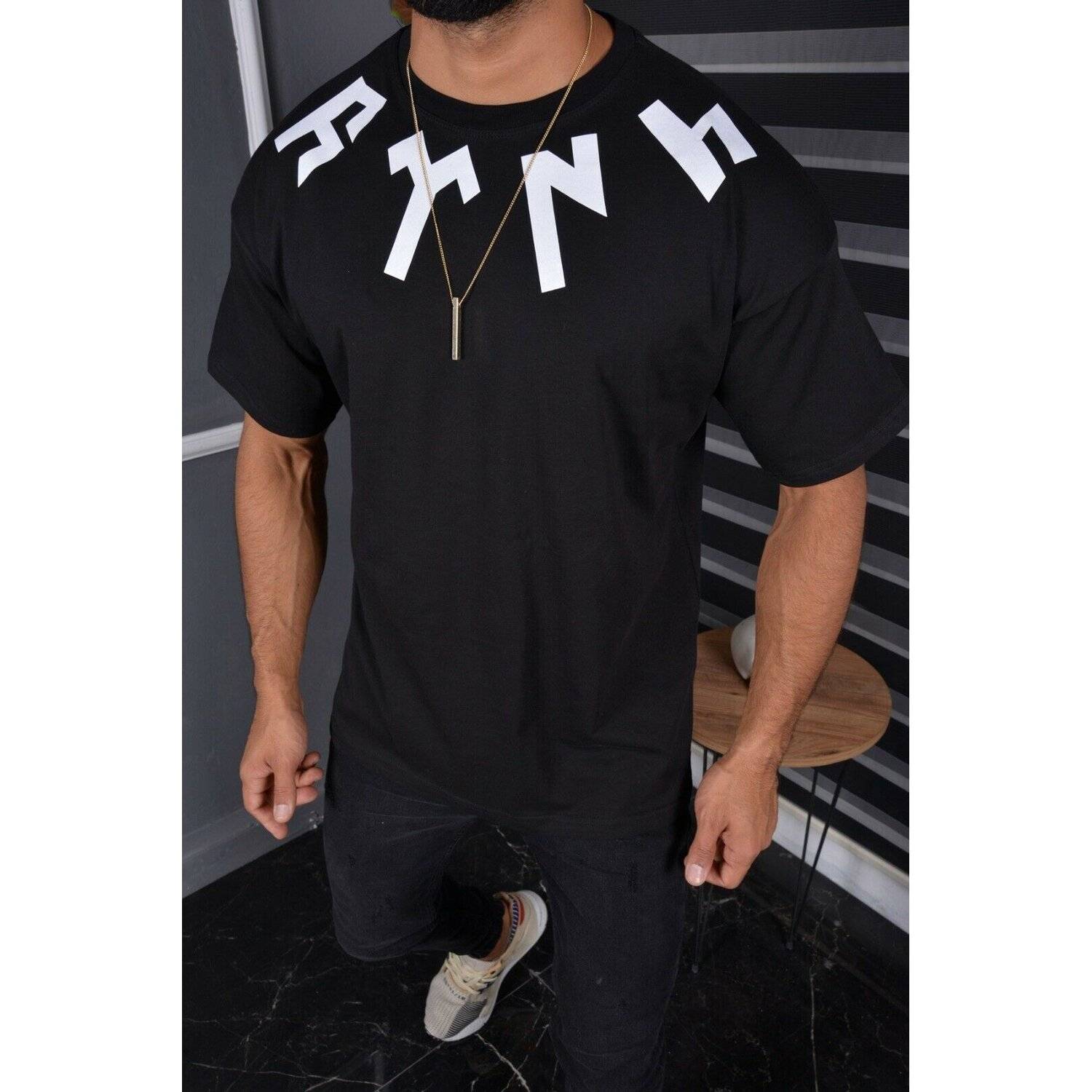 Megaman Oversize Herren T-Shirt Basic Shirt Tee Longshirt Premium Qualität Kurzarm Fashion TS-8900 M Schwarz