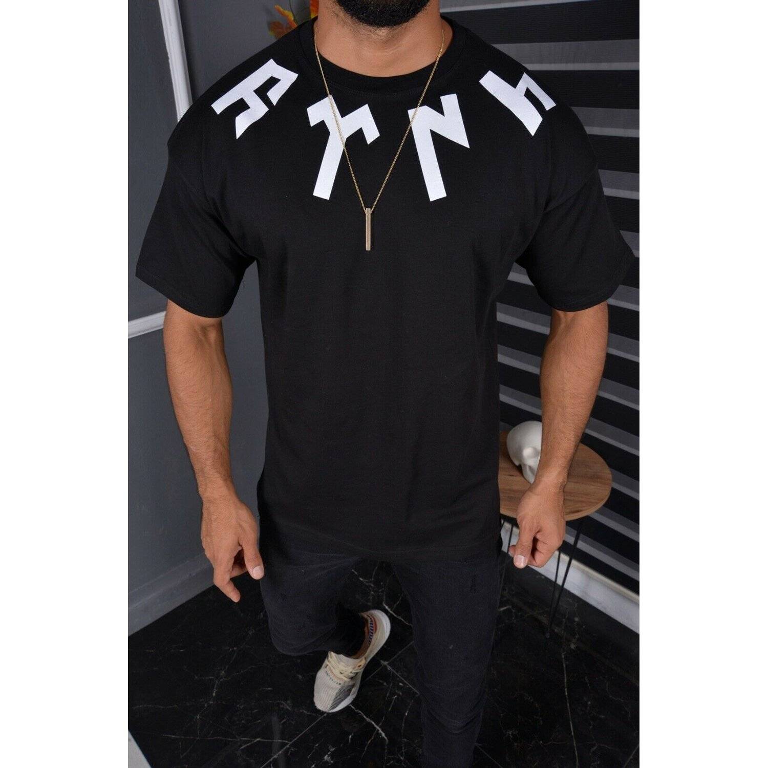 Megaman Oversize Herren T-Shirt Basic Shirt Tee Longshirt Premium Qualität Kurzarm Fashion TS-8900 2XL Schwarz