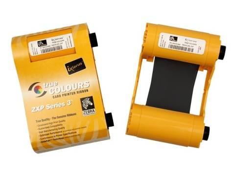 Gelbe Zebra True Colours Kartendrucker-Farbband-Patrone von vorne und von der Seite auf weißem Hintergrund gezeigt.